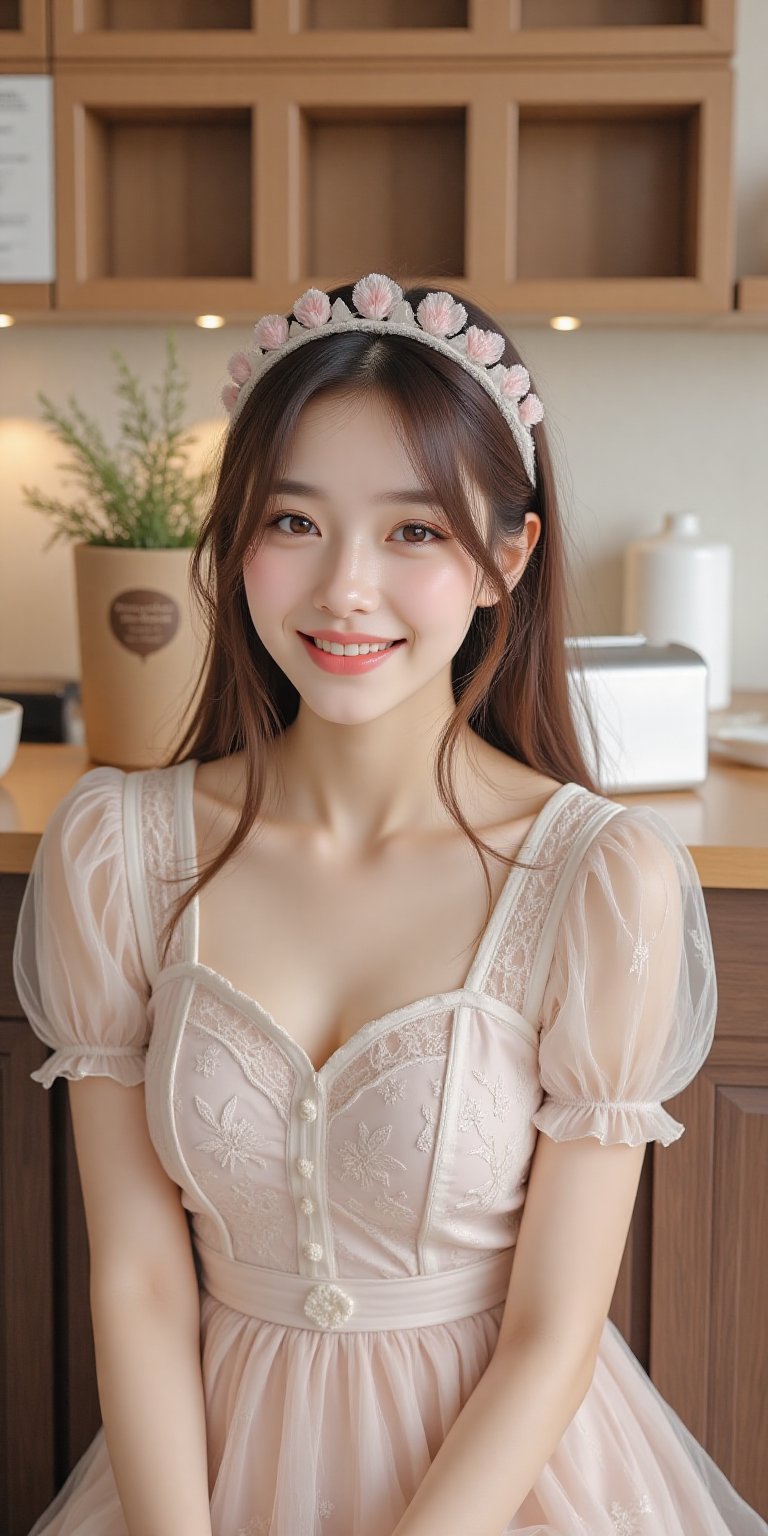 A beautiful Japanese woman in a charming maid costume,  smiling joyfully in a cozy café. Soft pastel colors adorn the scen...