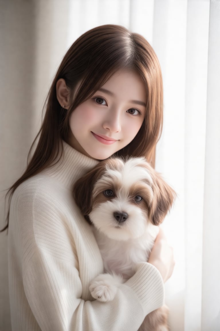 masterpiece, best quality, realistic, realistic lighting, 8K, HDR, 1girl, solo, 23yo,brown long hair, from front, looking at viewer, smile, turtleneck sweater, soft light, A cozy indoor scene featuring a person gently cradling a small, fluffy dog. Warm sunlight filters through a nearby window, casting soft shadows. The ambiance is serene, with a pastel color palette and a touch of impressionist style.,upper_body,hair accessories