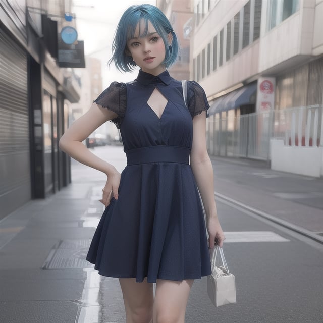 
blue hair young girl in marvel dress 