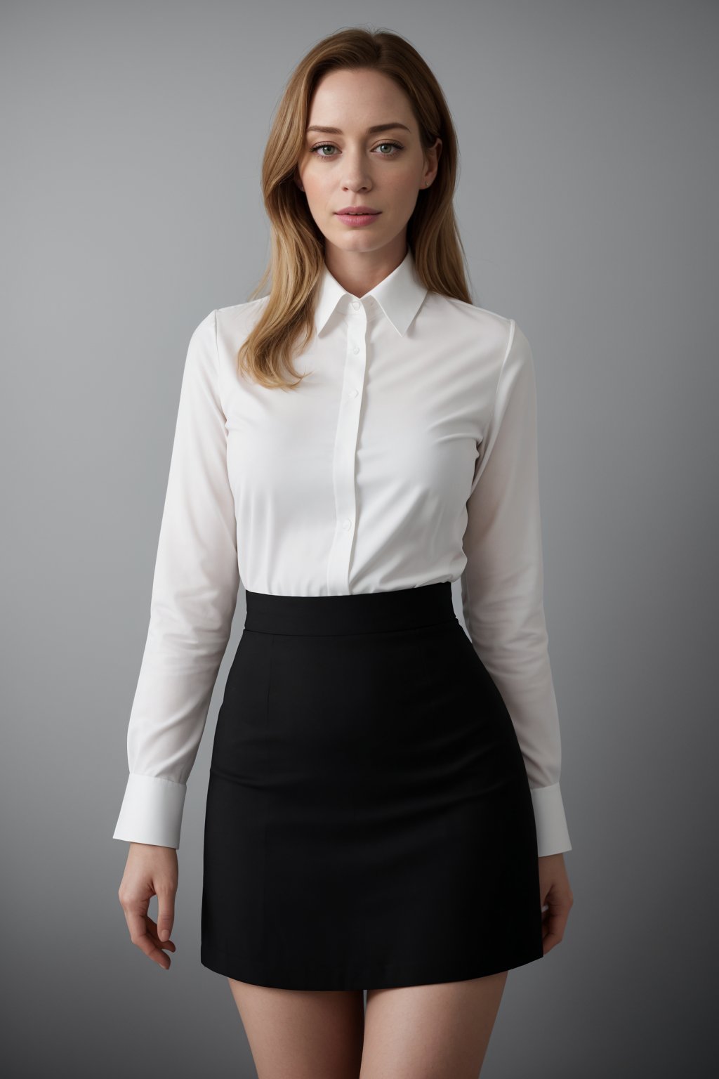 white_dress_shirt (long_sleeve), black_pencil_skirt (above_the_knee_length), black_sheer_tights. american_flag_and_german_flag background, Emily Blunt, blonde_hair