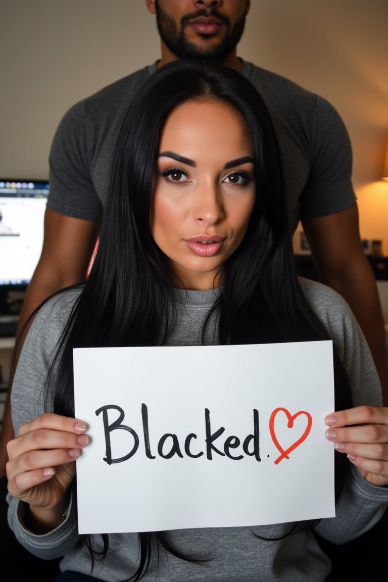 A verification selfie taken with a webcam of a very curvy 28-year-old girl named Anissa Kate,  sitting at her computer des...