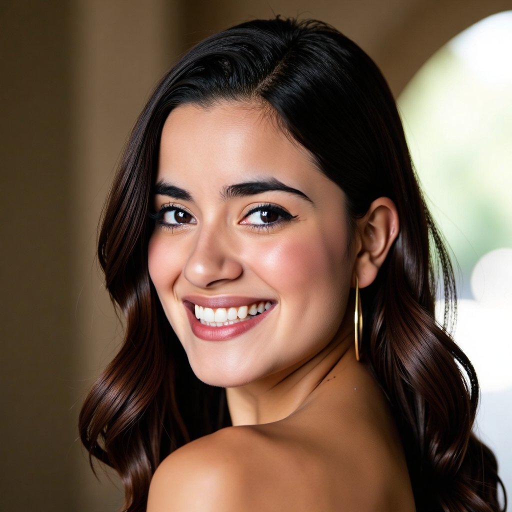 A beautifully composed photograph of a stunning woman with a radiant smile,  captured from the neck up,  showcasing her fl...