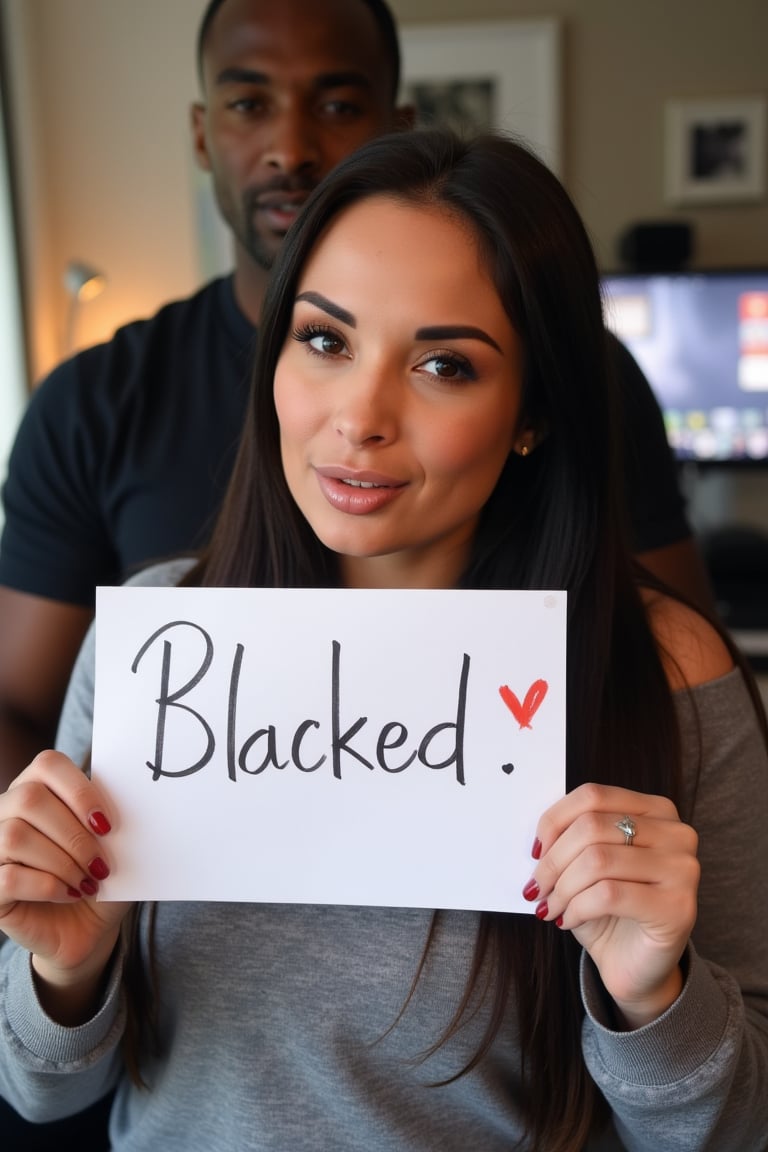 A verification selfie taken with a webcam of a very curvy 28-year-old girl named Anissa Kate,  sitting at her computer des...