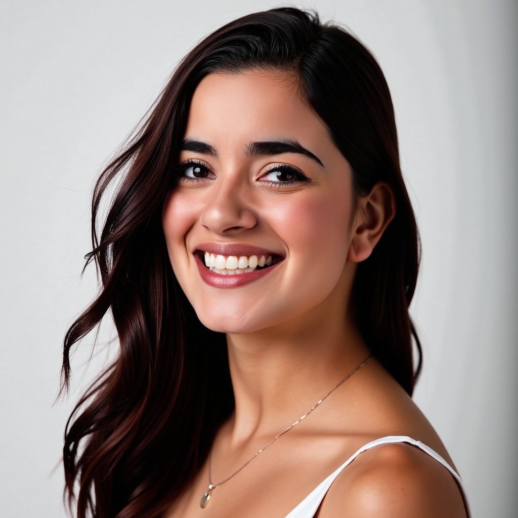 A beautifully composed photograph of a stunning woman with a radiant smile,  captured from the neck up,  showcasing her fl...