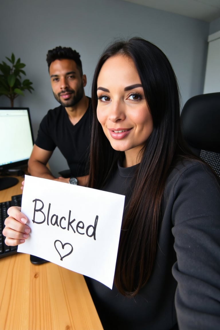 A verification selfie taken with a webcam of a very curvy 28-year-old girl named Anissa Kate,  sitting at her computer des...
