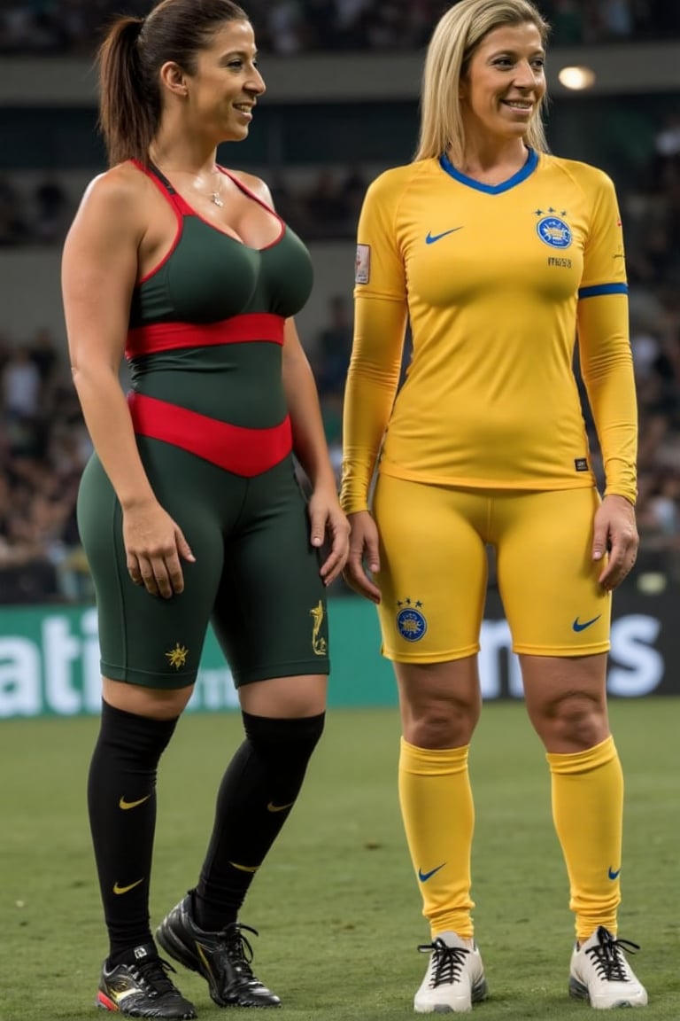 SaraJay A beautiful WOMAN wearing a dark green and red tight suit is standing next to a beautiful blonde-haired woman wearing a yellow tight suit. Both expressed confidence and support for their respective national football teams, black field football stadium