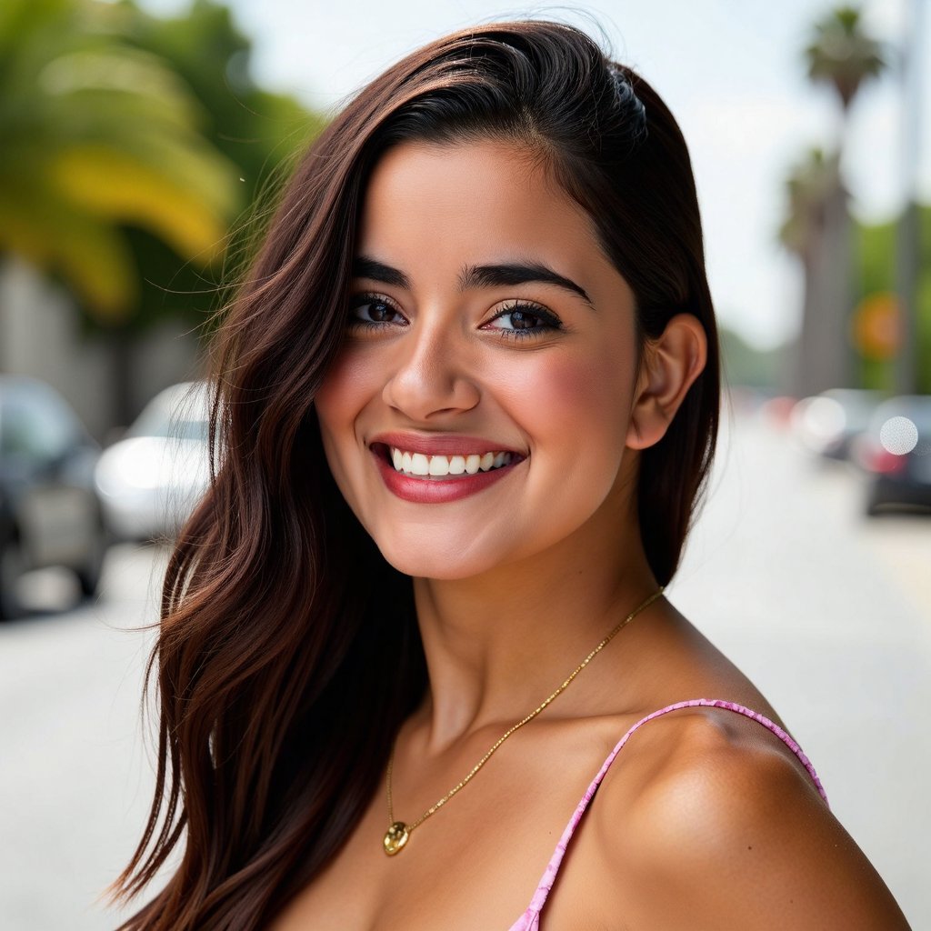 A beautifully composed photograph of a stunning woman with a radiant smile,  captured from the neck up,  showcasing her fl...