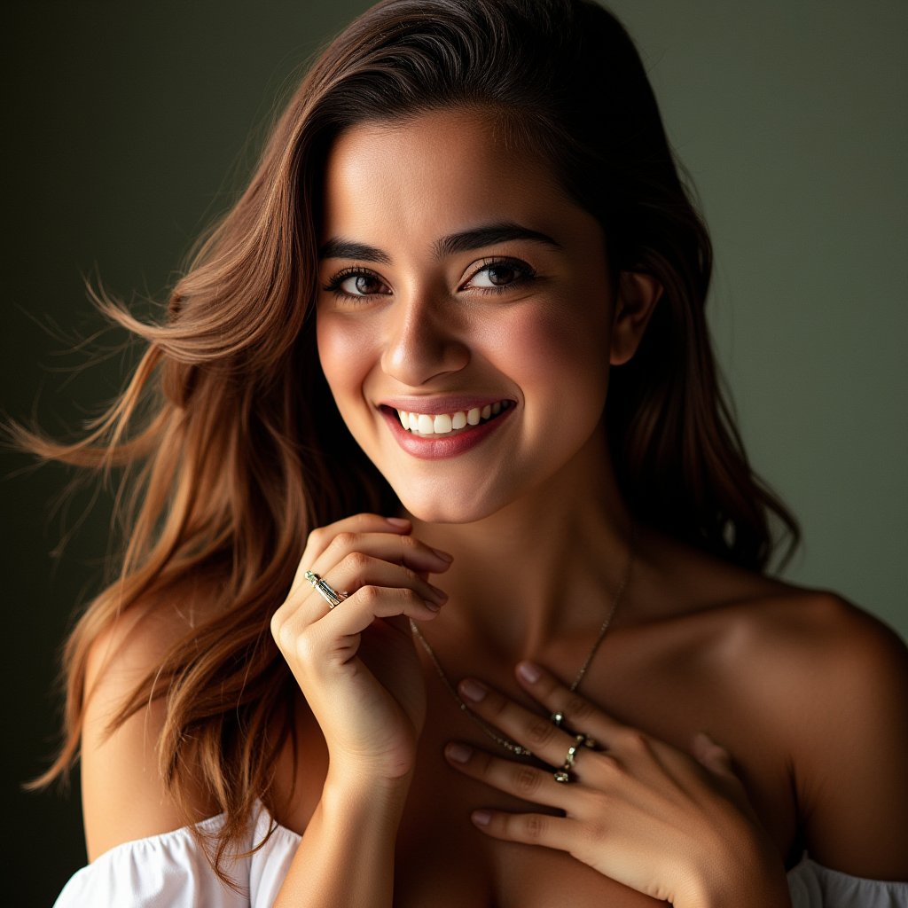 A beautifully composed photograph of a stunning woman with a radiant smile,  captured from the neck up,  showcasing her fl...