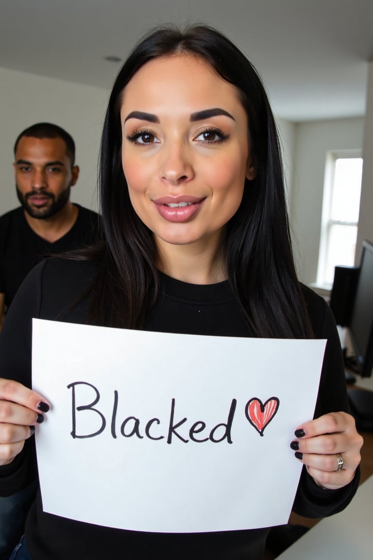 A verification selfie taken with a webcam of a very curvy 28-year-old girl named Anissa Kate,  sitting at her computer des...