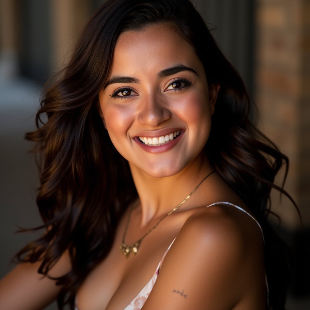 A beautifully composed photograph of a stunning woman with a radiant smile,  captured from the neck up,  showcasing her fl...