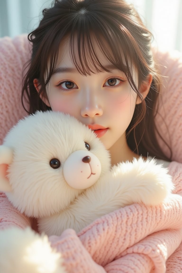 A beautiful woman cradling a soft, fluffy plush toy, surrounded by a pastel-colored, dreamy background. Soft sunlight filters through, creating a warm glow and highlighting her serene expression.