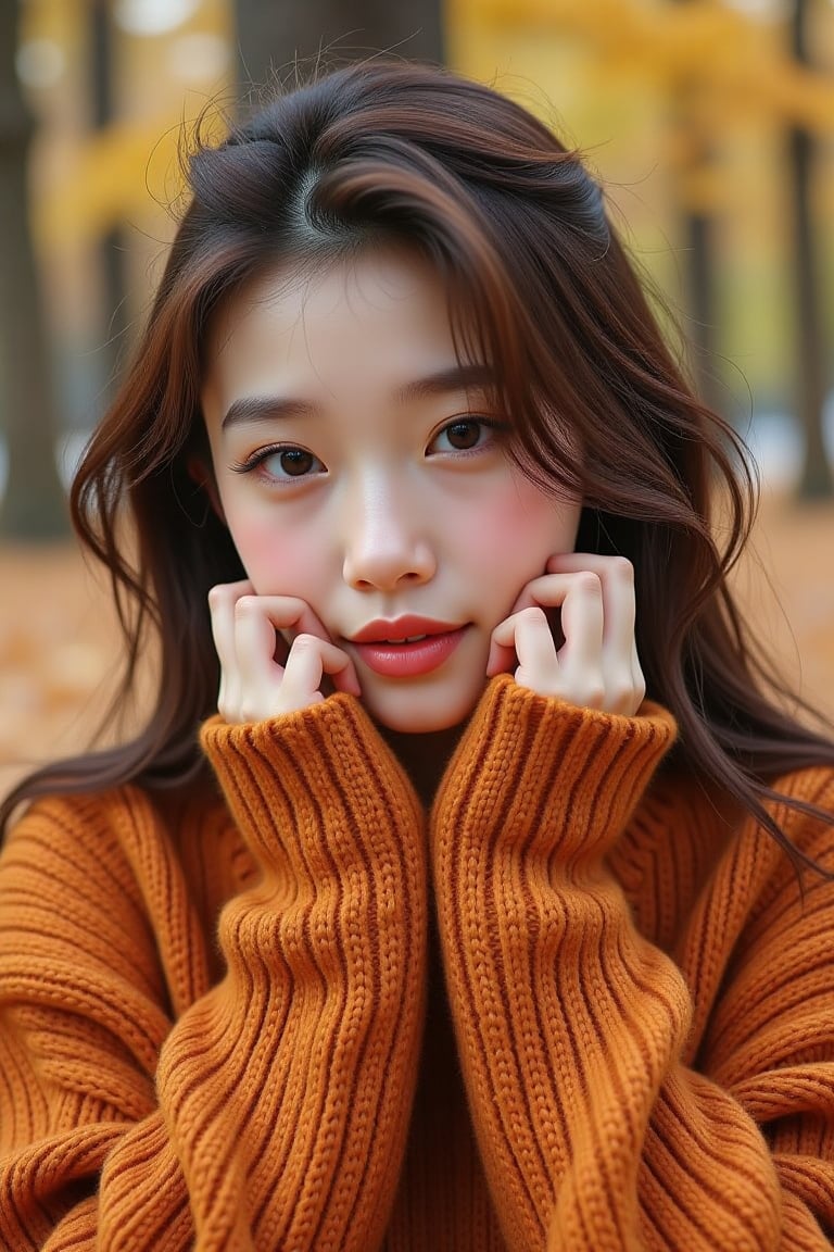 In a cozy autumn setting, a cute young woman with sparkling, almond-shaped eyes gazes softly into the lens, her cheeks flushed with a warm rosy hue that mirrors the colors of the season. She wears an oversized, knitted sweater, its rich pumpkin orange hue contrasting beautifully with her fair skin and cascading chestnut hair, which tumbles in loose waves around her shoulders. The texture of the wool is plush and inviting, making you want to reach out and touch it. 

Surrounding her, vibrant leaves in shades of crimson, gold, and russet cascade gently to the ground, creating a picturesque carpet beneath her. The cool, crisp air can almost be felt, as a light breeze playfully tugs at tendrils of her hair. In the background, blurred silhouettes of trees stand tall, their bark rough and sturdy, completing this serene autumnal portrait. The entire scene radiates warmth and a sense of cheerful contentment, as if time has momentarily paused to embrace the beauty of the season.