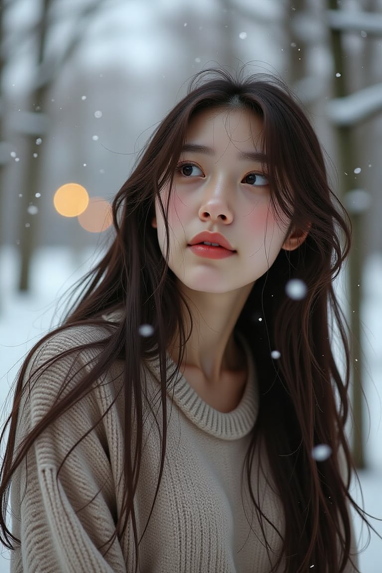 A 23-year-old woman with long, flowing hair gazes thoughtfully at falling snowflakes. Soft, muted colors envelop her, with gentle snow-dusted trees in the background, illuminated by a serene, warm glow.