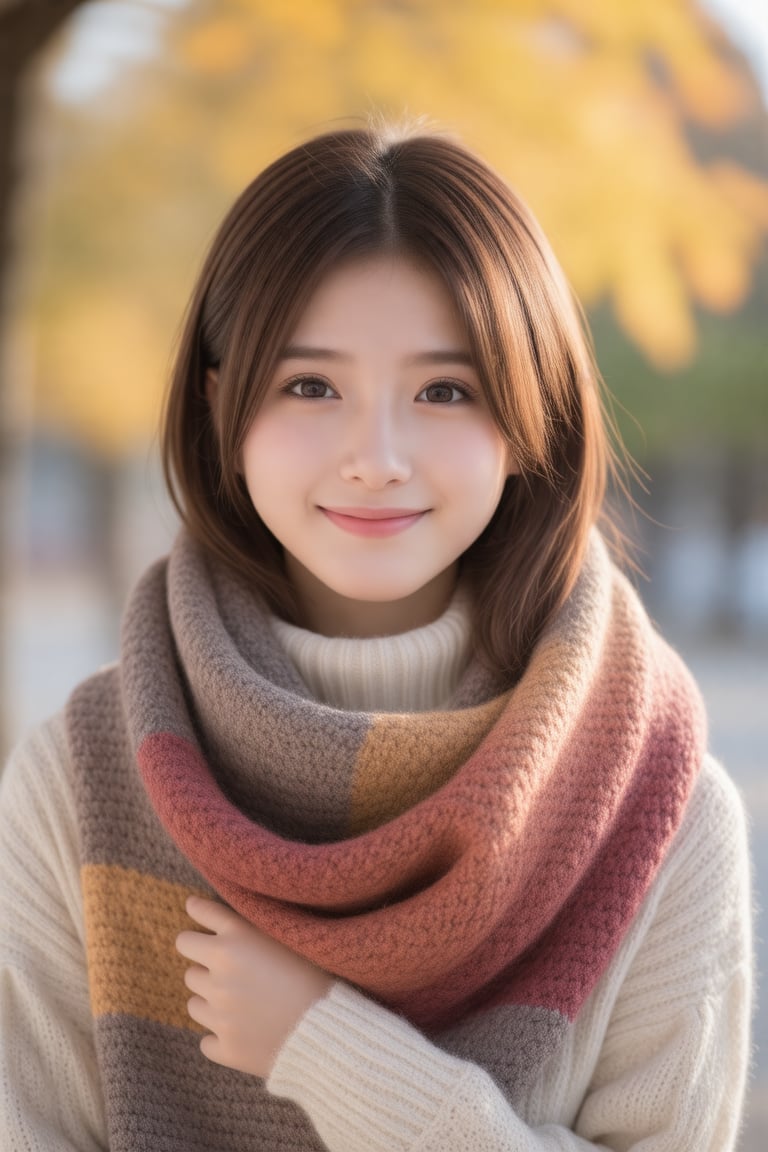 masterpiece, best quality, realistic, realistic lighting, 8K, HDR, 1girl, solo, 23yo,brown long hair, from front, looking at viewer, smile, turtleneck sweater, soft light, A cozy scene featuring a person wrapped in a colorful knitted scarf, soft sunlight filtering through autumn leaves in the background, creating warm golden hues and a serene atmosphere.,hair accessories