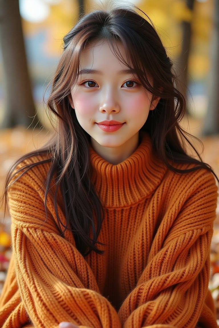 In a cozy autumn setting, a cute young woman with sparkling, almond-shaped eyes gazes softly into the lens, her cheeks flushed with a warm rosy hue that mirrors the colors of the season. She wears an oversized, knitted sweater, its rich pumpkin orange hue contrasting beautifully with her fair skin and cascading chestnut hair, which tumbles in loose waves around her shoulders. The texture of the wool is plush and inviting, making you want to reach out and touch it. 

Surrounding her, vibrant leaves in shades of crimson, gold, and russet cascade gently to the ground, creating a picturesque carpet beneath her. The cool, crisp air can almost be felt, as a light breeze playfully tugs at tendrils of her hair. In the background, blurred silhouettes of trees stand tall, their bark rough and sturdy, completing this serene autumnal portrait. The entire scene radiates warmth and a sense of cheerful contentment, as if time has momentarily paused to embrace the beauty of the season.