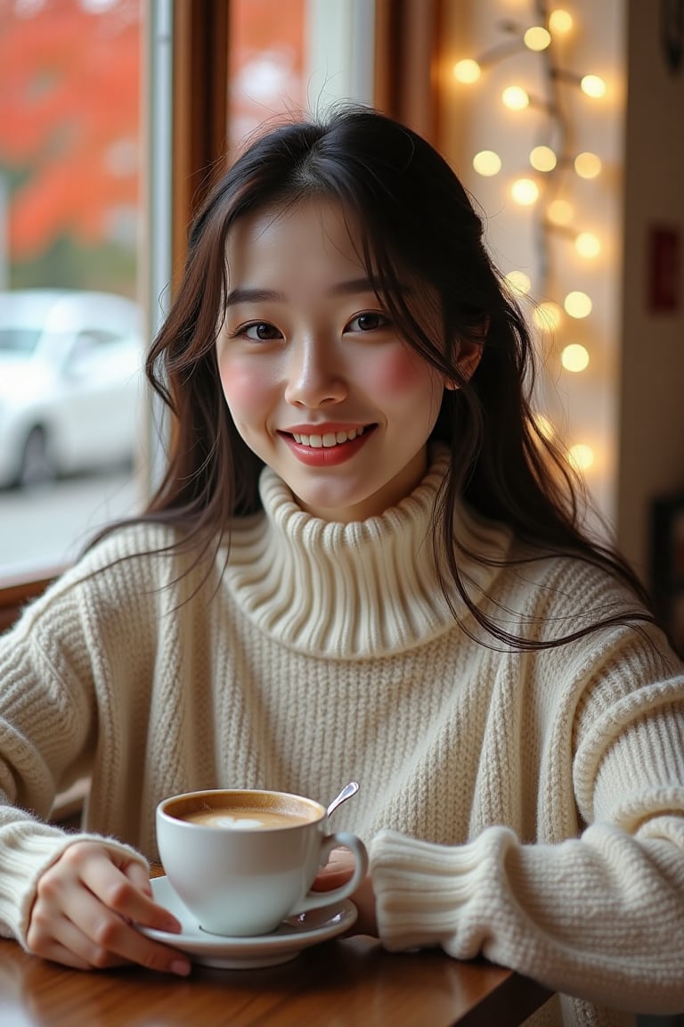 In a cozy café adorned with twinkling fairy lights, a charming young woman sits at a rustic wooden table, her warm smile radiating a sense of comfort and friendliness. She is clad in a snug, cream-colored turtleneck sweater that accentuates her delicate features and exudes a soft elegance. The sweater's texture is plush, inviting to the touch, contrasting with the smooth surface of her steaming cup of rich, aromatic coffee resting beside her. 

Her long, flowing hair cascades gracefully over her shoulders, catching the warm, golden light filtering through the window, creating a halo effect around her. Outside, the world is painted in autumn shades, with vibrant red and orange leaves swirling playfully in the gentle breeze. 

As she stirs her coffee, the delicate clink of the spoon against the ceramic cup harmonizes with the cozy hum of conversation and the faint sound of jazz music playing softly in the background. The air is infused with the delightful scent of freshly baked pastries that waft from the counter, adding to the welcoming atmosphere. Her bright, expressive eyes sparkle with a hint of mischief, inviting passersby to share in her warmth on this chilly afternoon.