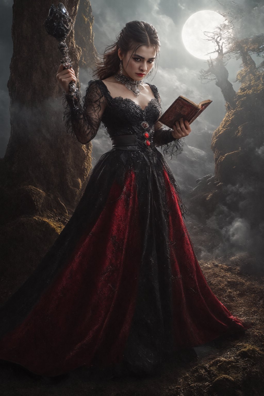 A striking dark witch with an aura of mystery and power; she is cloaked in a flowing, shadowy gown made of rich velvet and lace, adorned with intricate patterns of thorny vines and crescent moons. Her attire is accented by a corseted bodice and long, draping sleeves that add to her imposing presence. Her hair is raven-black, cascading in wild waves around her shoulders, with a single lock adorned by a silver charm shaped like a raven's feather.

Her eyes are piercing and enigmatic, glowing faintly with an otherworldly light. In one hand, she holds an ancient grimoire bound in leather and etched with arcane symbols; in the other, she wields a twisted staff topped with an obsidian crystal that pulsates with dark energy.

The setting is a mist-laden forest at midnight under a moonless sky, where twisted trees loom ominously in the background. Wisps of fog curl around her feet as shadows dance mysteriously across the landscape. This image captures the essence of dark fantasy with hyperdetailed 16K resolution HDR to highlight every nuance of texture and atmosphere. bright side, bright side, bright side