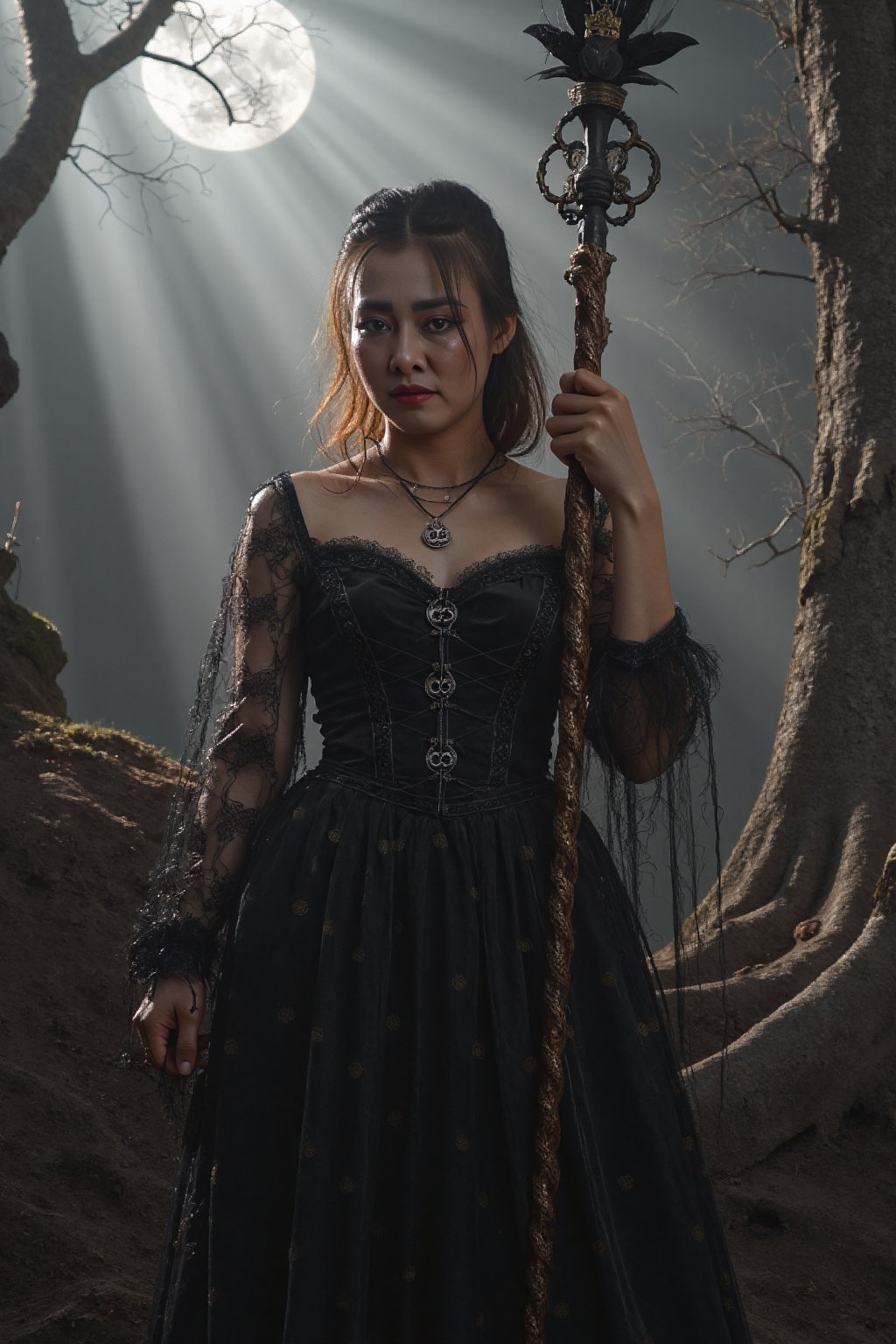 A striking dark witch with an aura of mystery and power; she is cloaked in a flowing, shadowy gown made of rich velvet and lace, adorned with intricate patterns of thorny vines and crescent moons. Her attire is accented by a corseted bodice and long, draping sleeves that add to her imposing presence. Her hair is raven-black, cascading in wild waves around her shoulders, with a single lock adorned by a silver charm shaped like a raven's feather.

Her eyes are piercing and enigmatic, glowing faintly with an otherworldly light. In one hand, she holds an ancient grimoire bound in leather and etched with arcane symbols; in the other, she wields a twisted staff topped with an obsidian crystal that pulsates with dark energy.

The setting is a mist-laden forest at midnight under a moonless sky, where twisted trees loom ominously in the background. Wisps of fog curl around her feet as shadows dance mysteriously across the landscape. This image captures the essence of dark fantasy with hyperdetailed 16K resolution HDR to highlight every nuance of texture and atmosphere. bright side, bright side, bright side