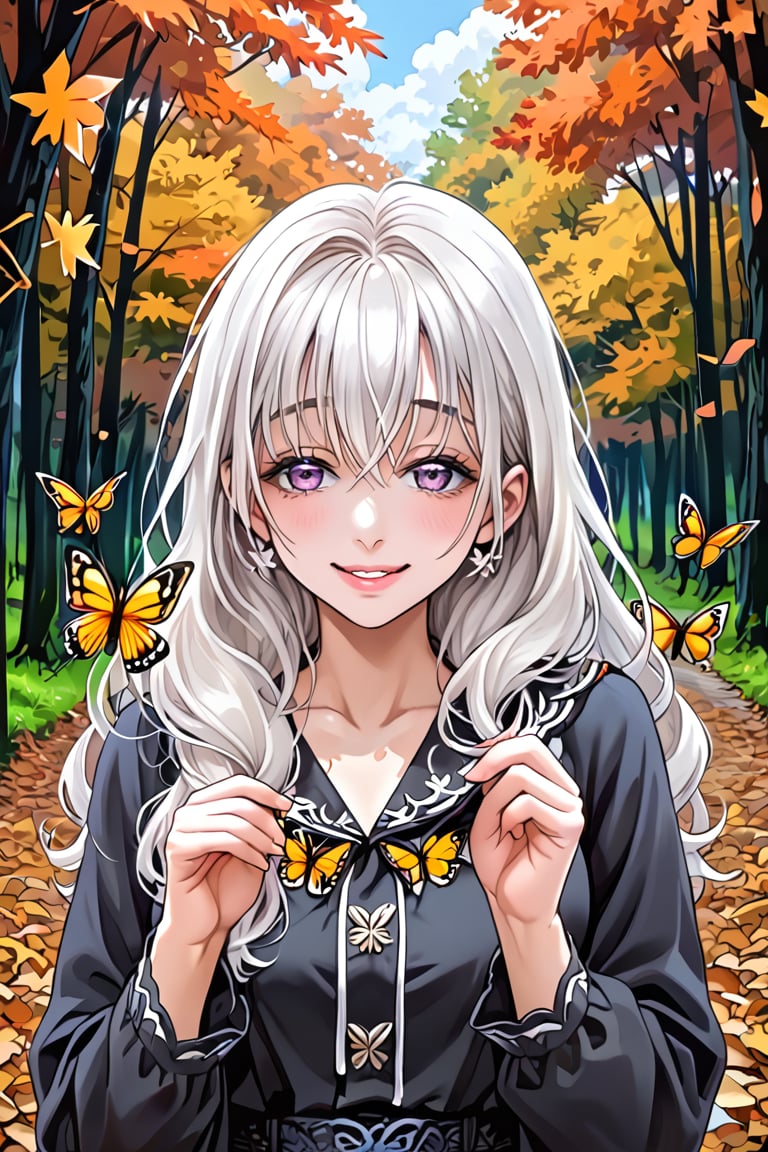 (masterpiece), best quality, expressive eyes, perfect face,1 Girl, autumn, forest, butterflies, moths, outdoors, butterfly hunting, fallen leaves, upper body, for the audience, standing, smile