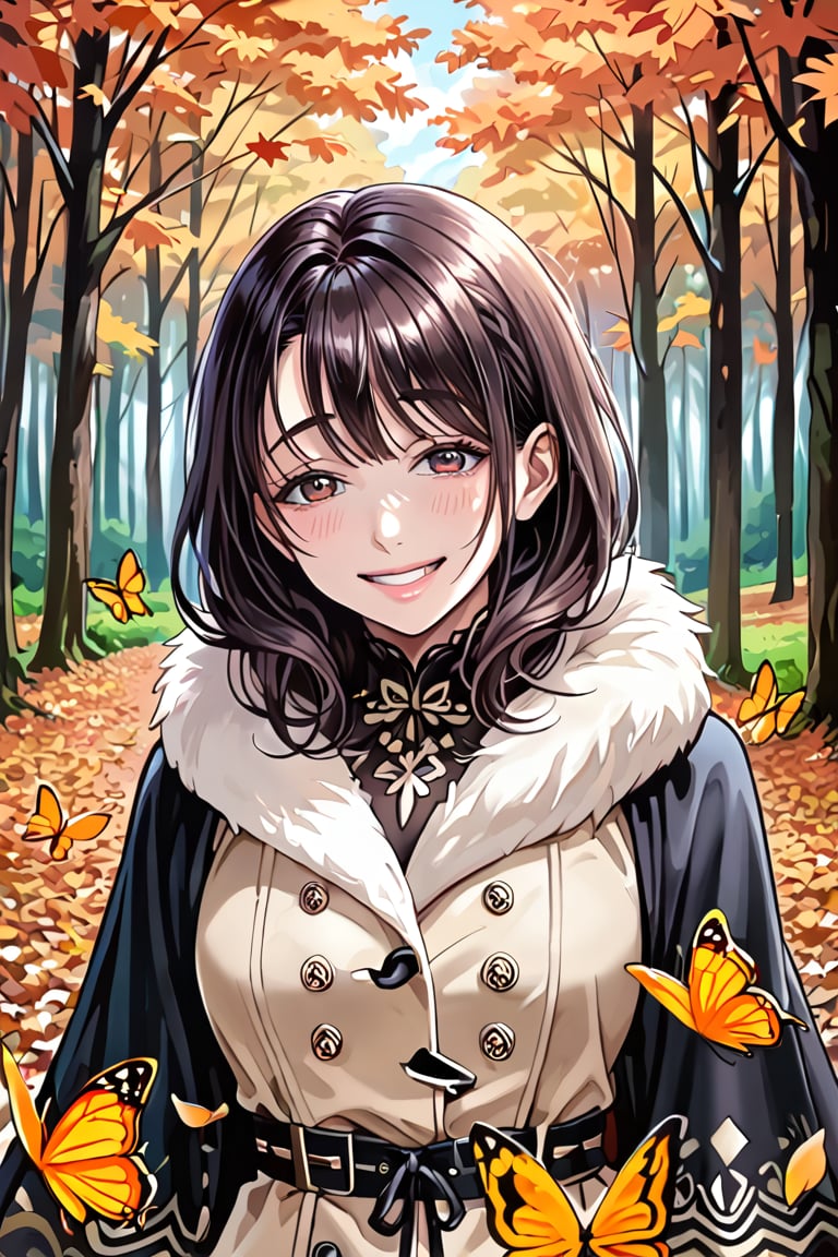 (masterpiece), best quality, expressive eyes, perfect face,1 Girl, autumn, forest, butterflies, moths, outdoors, butterfly hunting, fallen leaves, upper body, for the audience, standing, smile