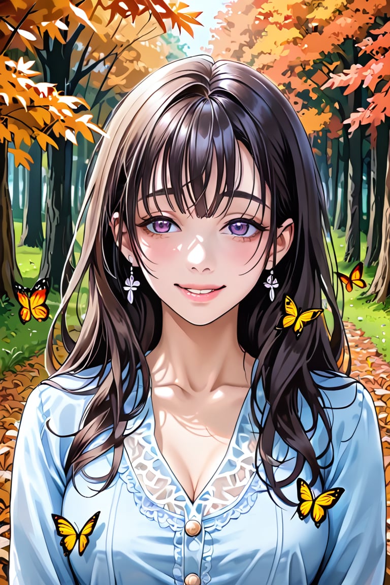 (masterpiece), best quality, expressive eyes, perfect face,1 Girl, autumn, forest, butterflies, moths, outdoors, butterfly hunting, fallen leaves, upper body, for the audience, standing, smile