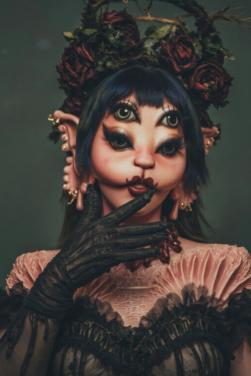 A full body shot of a woman, she has full black hair, she has black roses growing from her head, she has on black devil horns and a black angel halo around her head, she has on black silky gloves and a black dress on, her left hand is covering her mouth slightly while her right hand rests to her side.