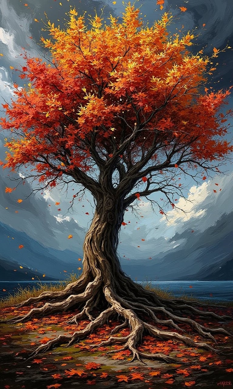 An old majestic tree with colorful autumn leaves in a stormy autumn day,  the image is drawn in a bold impasto painting st...