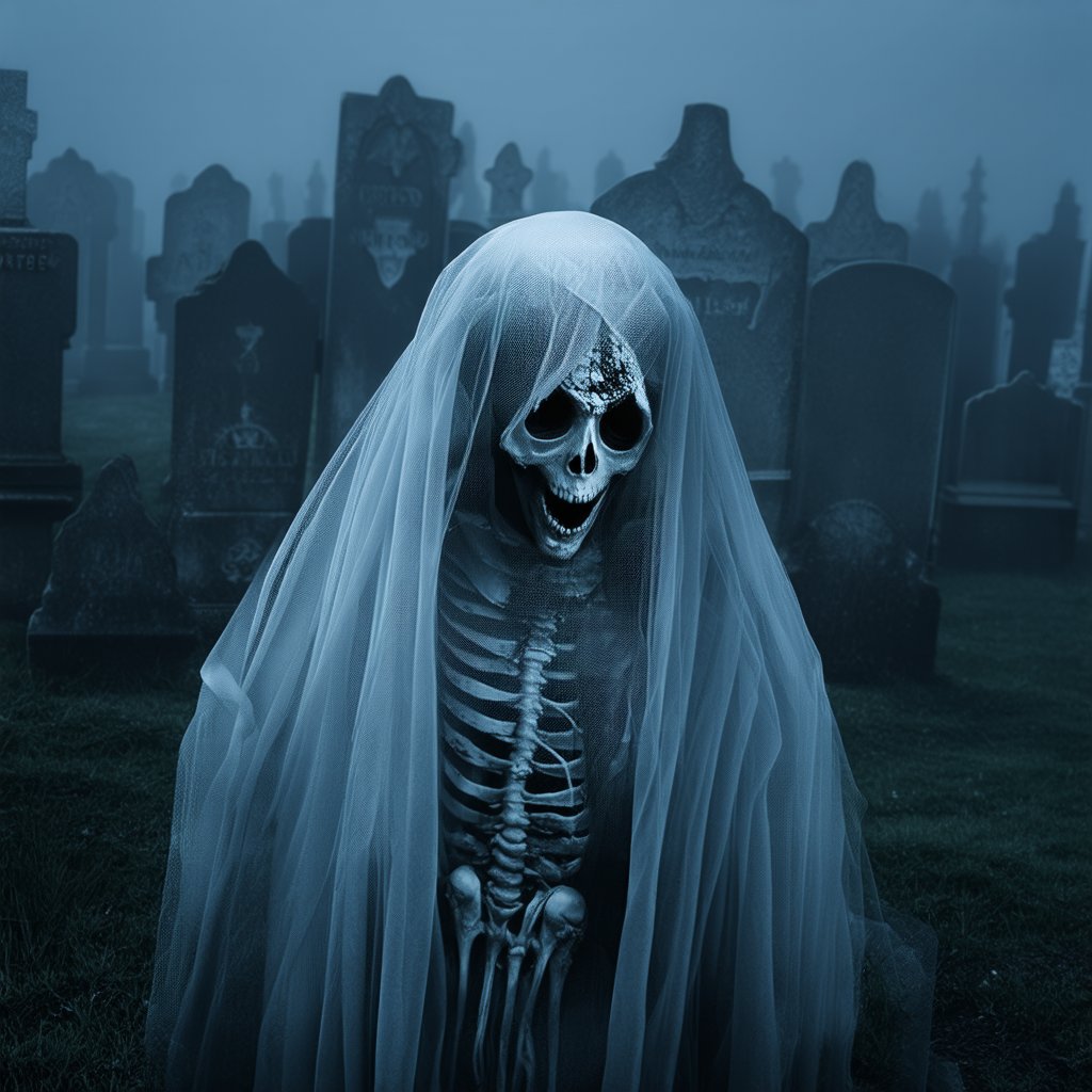 Closeup image of a th head of a ghost, human sceleton under a sheer grey veil, foggy graveyard in the bachground, veit is worn-out torn into tatters, horror, halloween