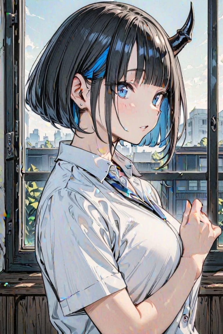 (Masterpiece), best quality, high resolution, highly detailed, detailed background, perfect lighting, 1girl, blue_eyes , classroom, bangs, short hair, two-tone hair, black hair, navy colored inner hair, school_uniform, full body, upper body, forehead, thin, ZKTR, one black horn, sky in window