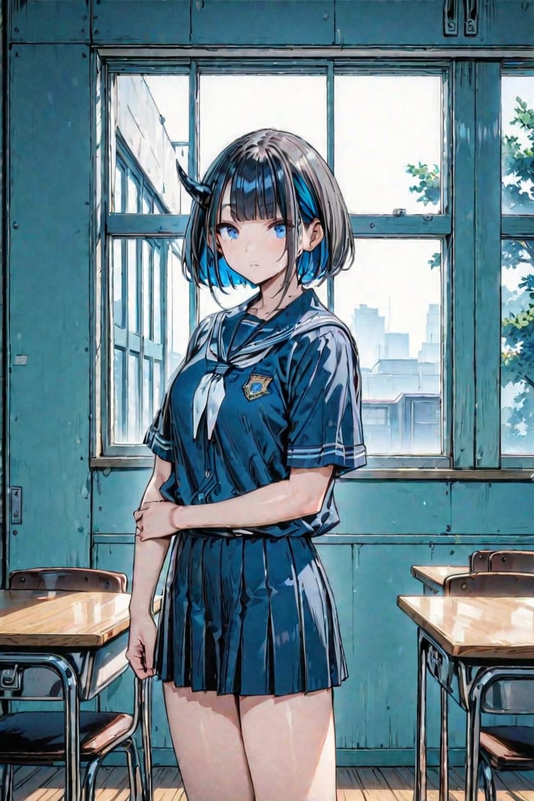 (Masterpiece), best quality, high resolution, highly detailed, detailed background, perfect lighting, 1girl, blue_eyes , classroom, bangs, short hair, two-tone hair, black hair, navy colored inner hair, school_uniform, full body, upper body, forehead, thin, ZKTR, one black horn(horn cracked color shiny blue), sky in window