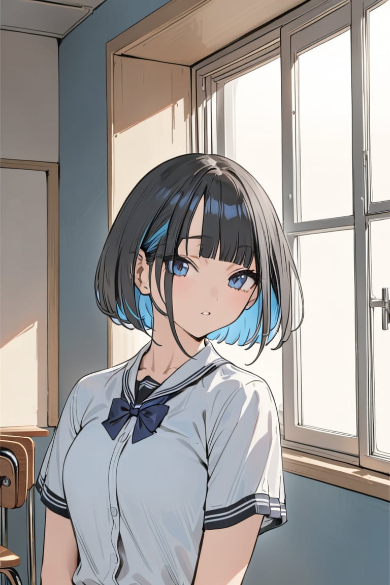 (Masterpiece), best quality, high resolution, highly detailed, detailed background, perfect lighting, 1girl, blue_eyes , classroom, bangs, short hair, two-tone hair, black hair, blue colored inner hair, school_uniform, full body, upper body, forehead, thin, ZKTR, one horn, black and blue mixed horn, sky in window