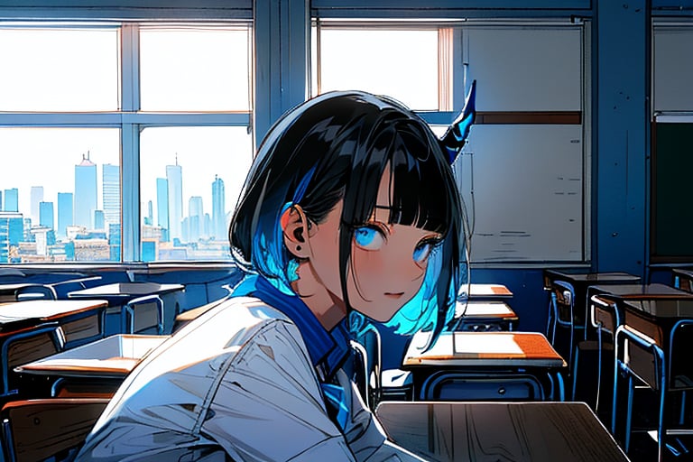 (Masterpiece), best quality, high resolution, highly detailed, detailed background, perfect lighting, 1girl, blue_eyes , classroom, bangs, short hair, two-tone hair, black hair, blue colored inner hair, school_uniform, full body, upper body, forehead, thin, ZKTR, one black horn, sky in window