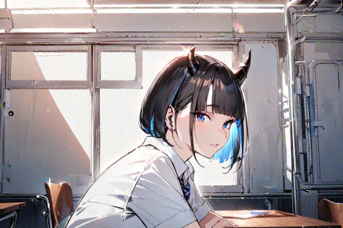 (Masterpiece), best quality, high resolution, highly detailed, detailed background, perfect lighting, 1girl, blue_eyes , classroom, bangs, short hair, two-tone hair, black hair, blue colored inner hair, school_uniform, full body, upper body, forehead, thin, ZKTR, one black horn