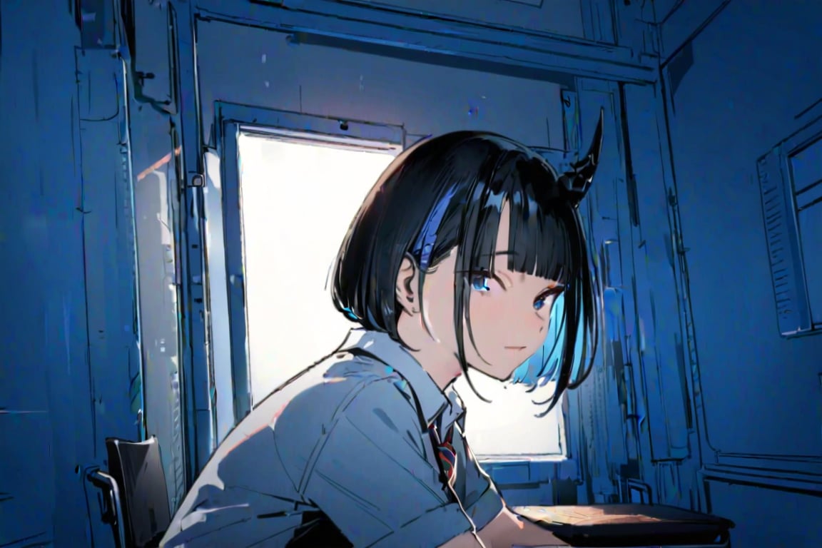 (Masterpiece), best quality, high resolution, highly detailed, detailed background, perfect lighting, 1girl, blue_eyes , classroom, bangs, short hair, two-tone hair, black hair, blue colored inner hair, school_uniform, full body, upper body, forehead, thin, ZKTR, one black horn, sky in window