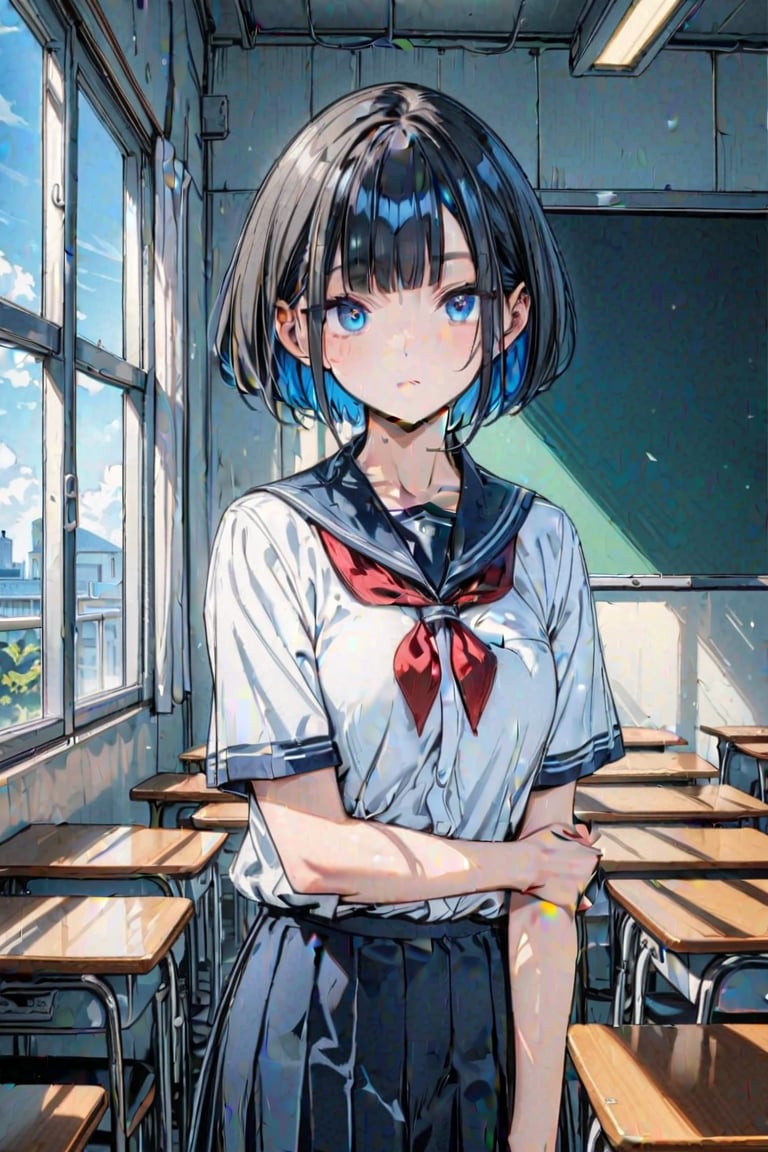 (Masterpiece), best quality, high resolution, highly detailed, detailed background, perfect lighting, 1girl, blue_eyes , classroom, bangs, short hair, two-tone hair, black hair, navy colored inner hair, school_uniform, full body, upper body, forehead, thin, ZKTR, one black horn(horn cracked color shiny blue), sky in window