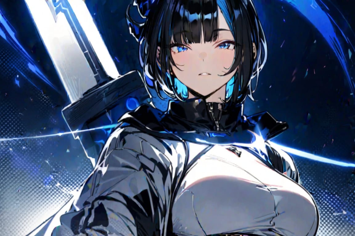 (Masterpiece), best quality, high resolution, highly detailed, detailed background, perfect lighting, 1girl, blue_eyes , bangs, short hair, two-tone hair, black hair, blue colored inner hair, full body, upper body, forehead, thin, ZKTR, horn, big sword