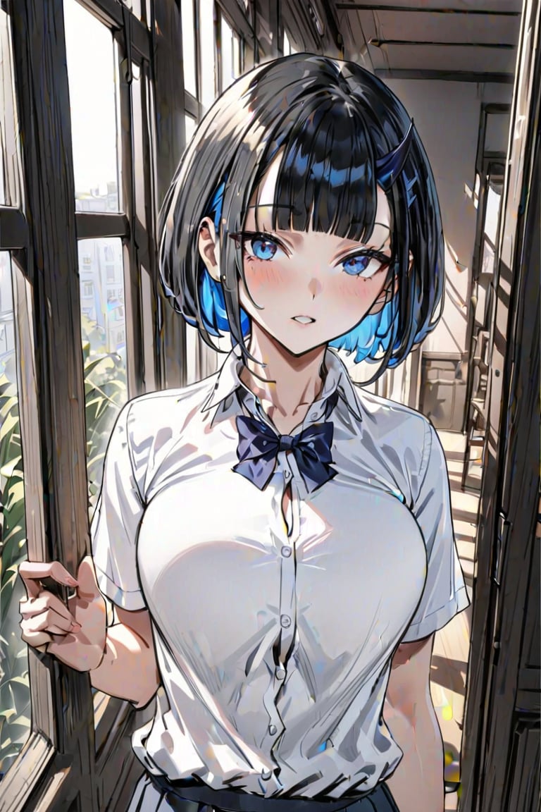 (Masterpiece), best quality, high resolution, highly detailed, detailed background, perfect lighting, 1girl, blue_eyes , classroom, bangs, short hair, two-tone hair, black hair, blue colored inner hair, school_uniform, full body, upper body, forehead, thin, ZKTR, one horn, black and blue mixed horn, sky in window