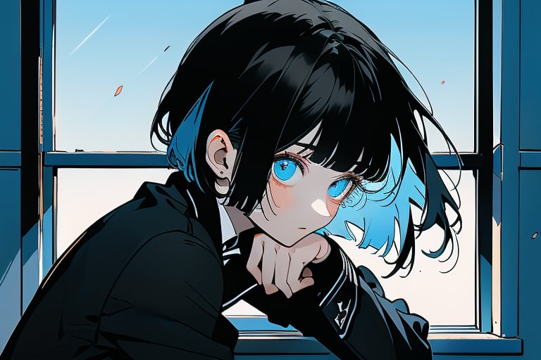 (Masterpiece), best quality, high resolution, highly detailed, detailed background, perfect lighting, 1girl, blue_eyes , classroom, bangs, short hair, two-tone hair, black hair, blue colored inner hair, school_uniform, full body, upper body, forehead, thin, ZKTR, one black horn, sky in window