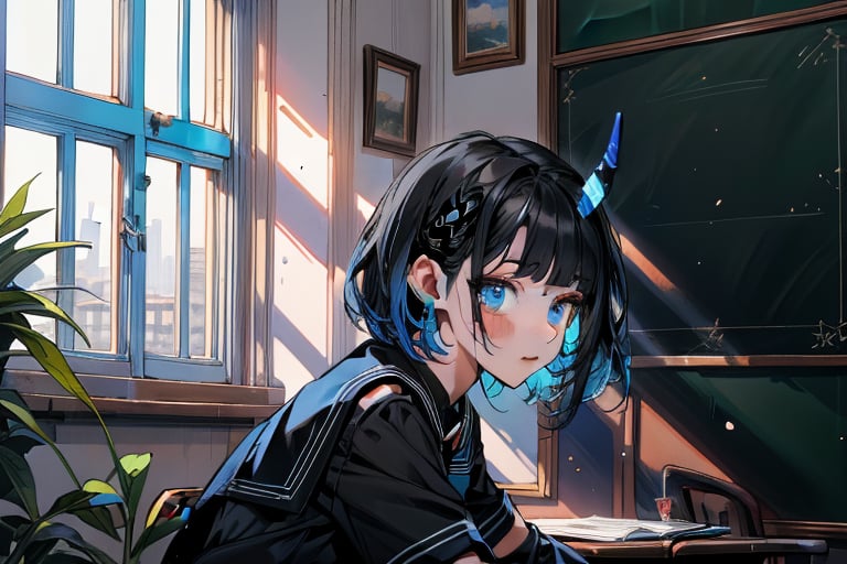 (Masterpiece), best quality, high resolution, highly detailed, detailed background, perfect lighting, 1girl, blue_eyes , classroom, bangs, short hair, two-tone hair, black hair, blue colored inner hair, school_uniform, full body, upper body, forehead, thin, ZKTR, one black horn, sky in window