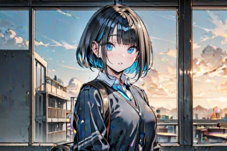 (Masterpiece), best quality, high resolution, highly detailed, detailed background, perfect lighting, 1girl, blue_eyes , classroom, bangs, short hair, two-tone hair, black hair, blue inner hair, school_uniform, full body, upper body, forehead, thin, ZKTR, one black horn, sky in window