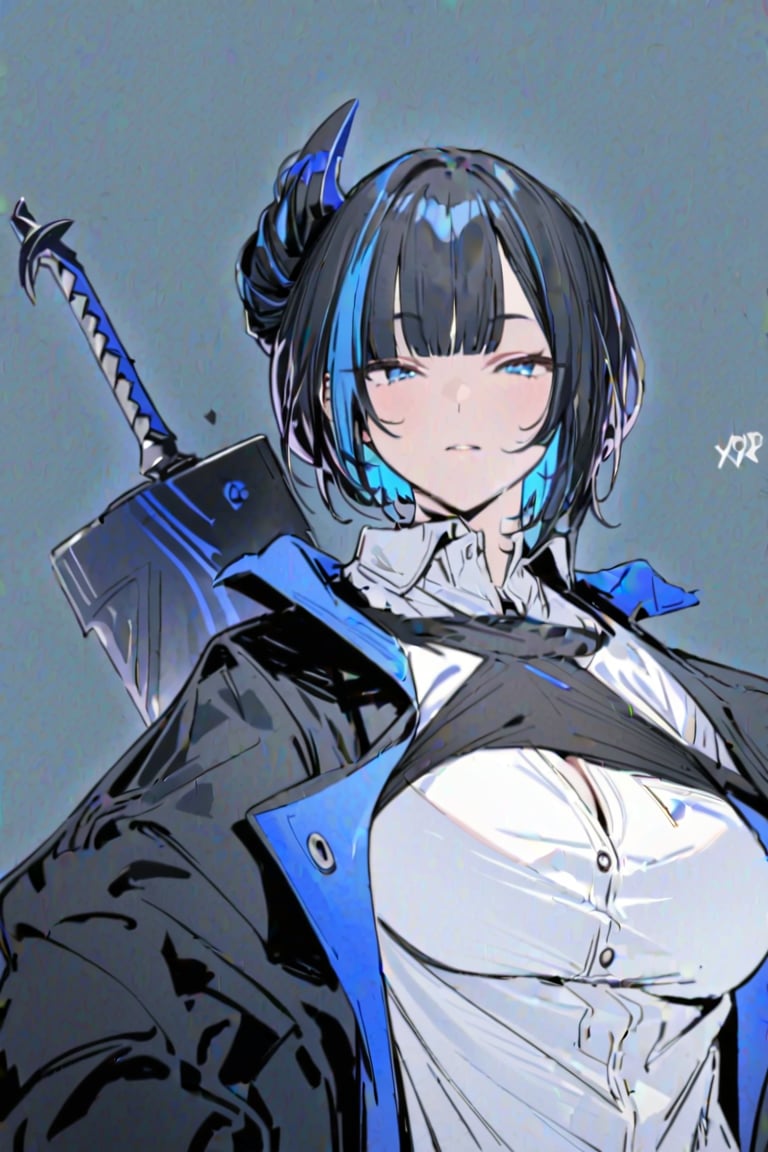 (Masterpiece), best quality, high resolution, highly detailed, simple background, 1girl, blue_eyes , bangs, short hair, two-tone hair, black hair, blue colored inner hair, full body, upper body, forehead, thin, ZKTR, black and blue mixed horn, big sword, white shirts, open_blazer