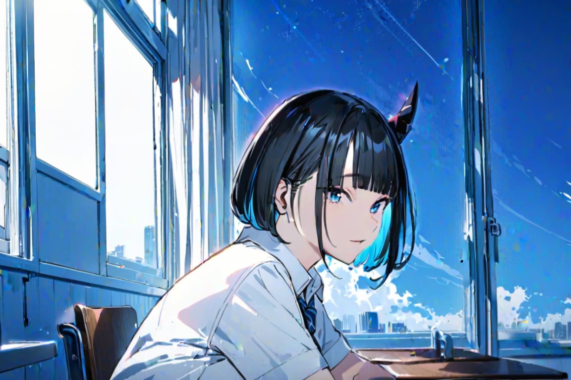 (Masterpiece), best quality, high resolution, highly detailed, detailed background, perfect lighting, 1girl, blue_eyes , classroom, bangs, short hair, two-tone hair, black hair, blue colored inner hair, school_uniform, full body, upper body, forehead, thin, ZKTR, one black horn, sky in window