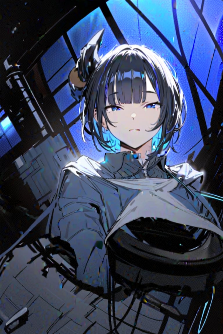 (Masterpiece), best quality, high resolution, highly detailed, detailed background, perfect lighting, 1girl, blue_eyes , classroom, bangs, short hair, two-tone hair, black hair, blue colored inner hair, school_uniform, full body, upper body, forehead, thin, ZKTR, one black horn, sky in window