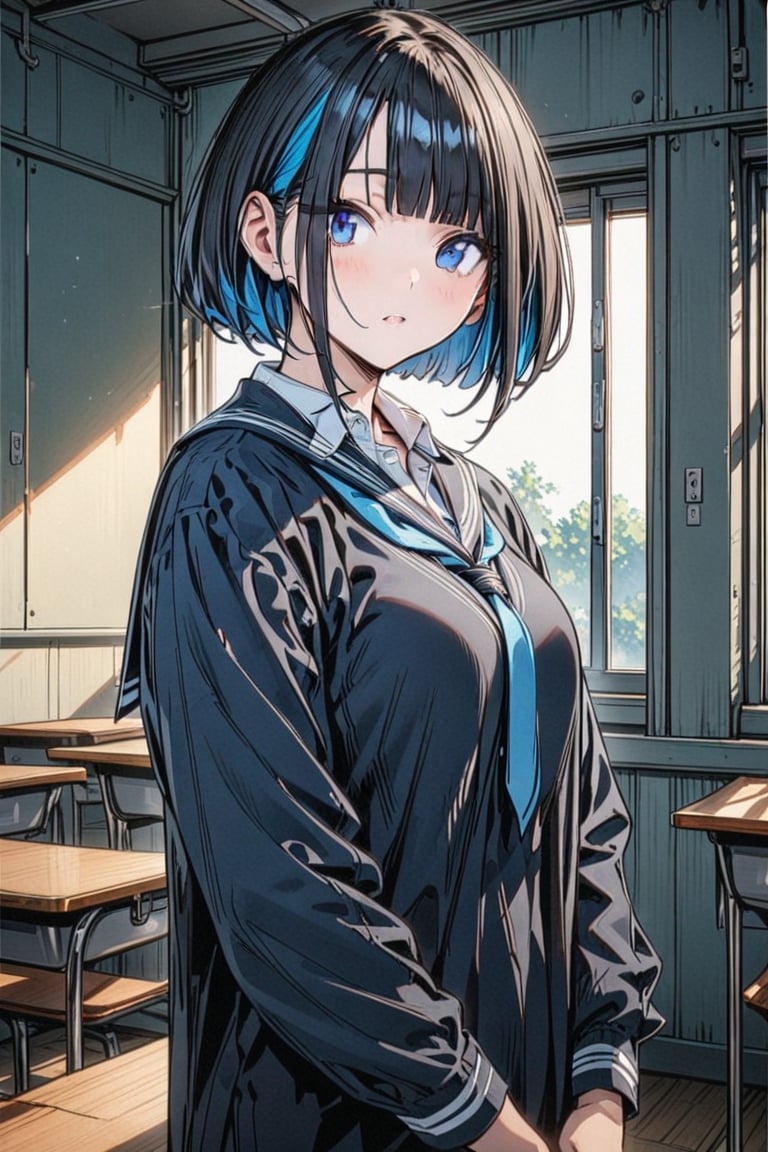 (Masterpiece), best quality, high resolution, highly detailed, detailed background, perfect lighting, 1girl, blue_eyes , classroom, bangs, short hair, two-tone hair, black hair, navy colored inner hair, school_uniform, full body, upper body, forehead, thin, ZKTR, one black horn, sky in window