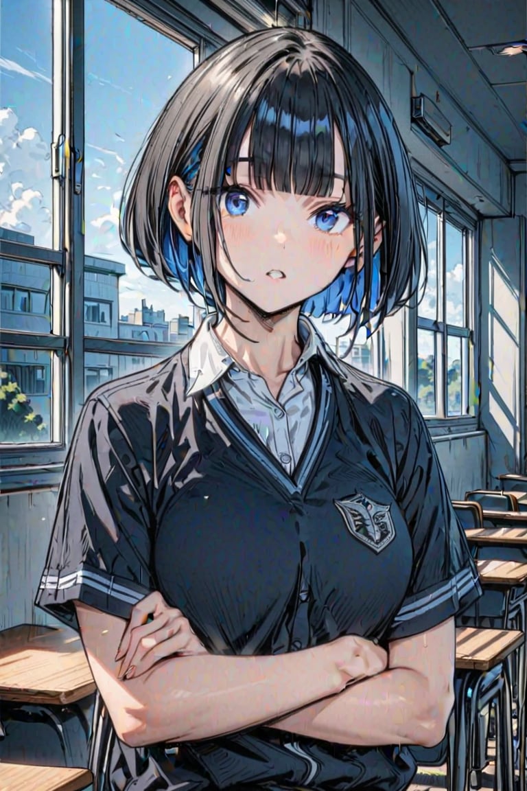 (Masterpiece), best quality, high resolution, highly detailed, detailed background, perfect lighting, 1girl, blue_eyes , classroom, bangs, short hair, two-tone hair, black hair, navy colored inner hair, school_uniform, full body, upper body, forehead, thin, ZKTR, one black horn, sky in window