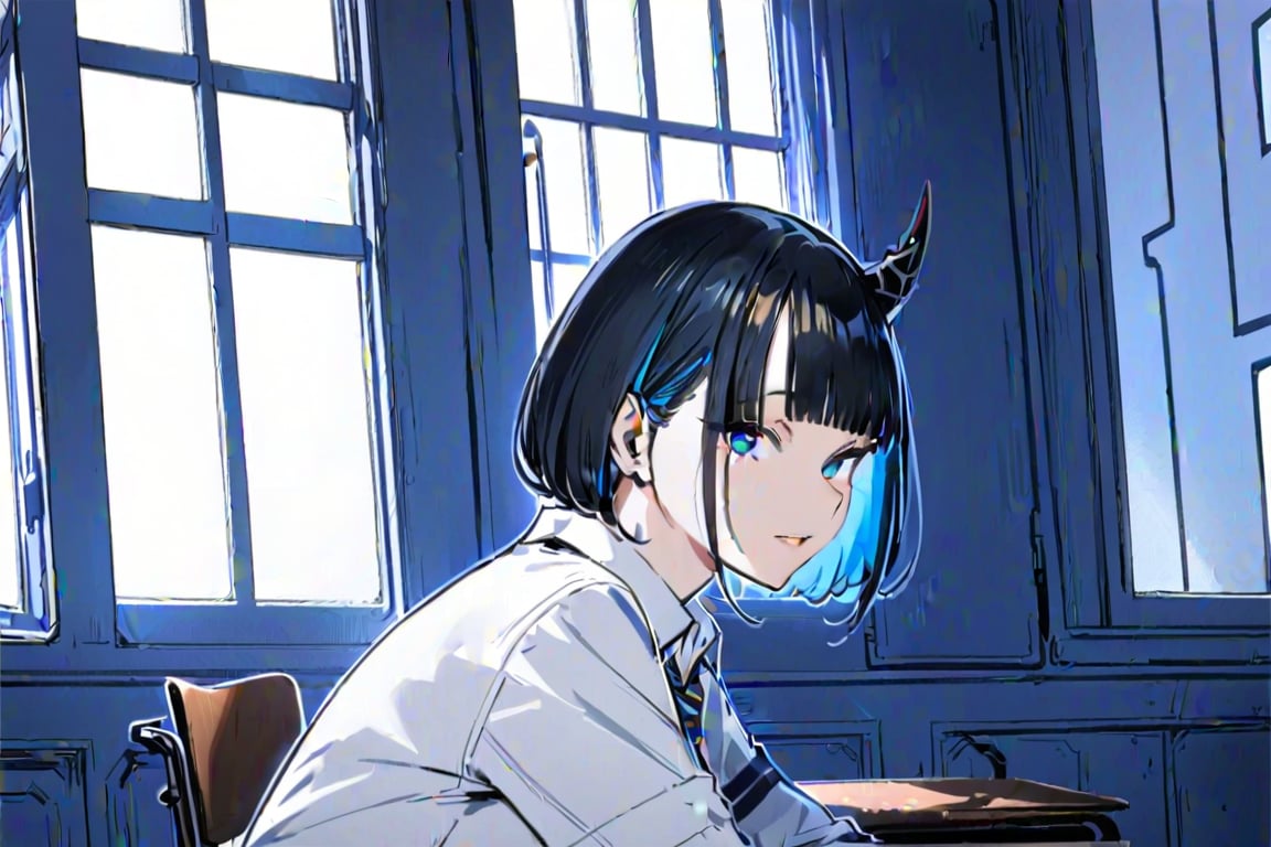 (Masterpiece), best quality, high resolution, highly detailed, detailed background, perfect lighting, 1girl, blue_eyes , classroom, bangs, short hair, two-tone hair, black hair, blue colored inner hair, school_uniform, full body, upper body, forehead, thin, ZKTR, one black horn, sky in window