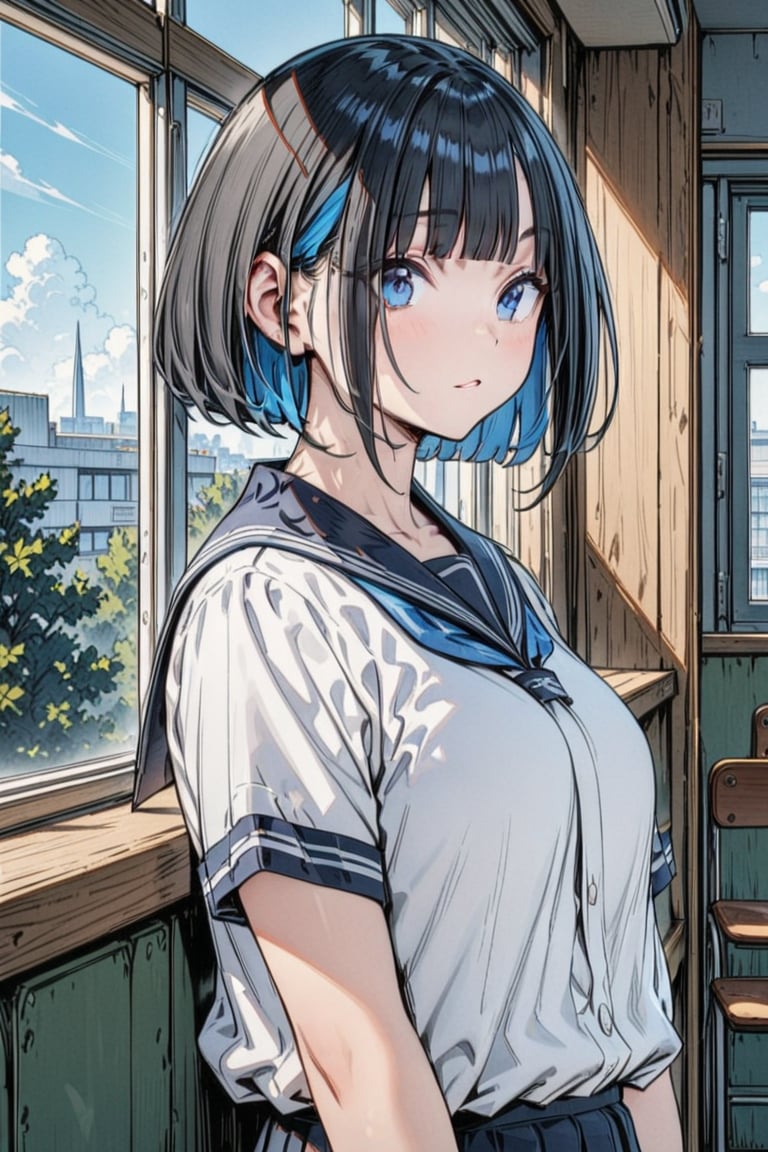 (Masterpiece), best quality, high resolution, highly detailed, detailed background, perfect lighting, 1girl, blue_eyes , classroom, bangs, short hair, two-tone hair, black hair, navy colored inner hair, school_uniform, full body, upper body, forehead, thin, ZKTR, one black horn, sky in window