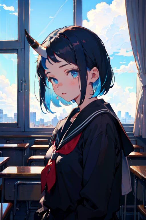 (Masterpiece), best quality, high resolution, highly detailed, detailed background, perfect lighting, 1girl, blue_eyes , classroom, bangs, short hair, two-tone hair, black hair, blue colored inner hair, school_uniform, full body, upper body, forehead, thin, ZKTR, one black horn, sky in window