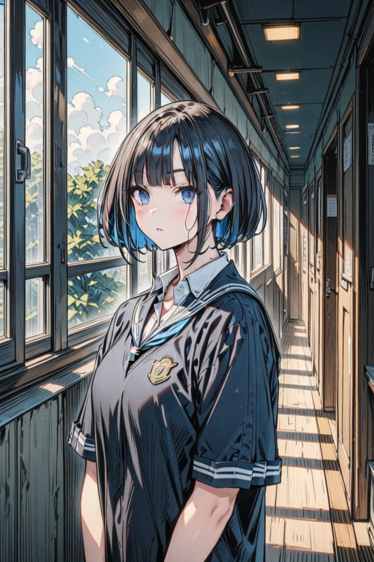 (Masterpiece), best quality, high resolution, highly detailed, detailed background, perfect lighting, 1girl, blue_eyes , classroom, bangs, short hair, two-tone hair, black hair, navy colored inner hair, school_uniform, full body, upper body, forehead, thin, ZKTR, one black horn, sky in window