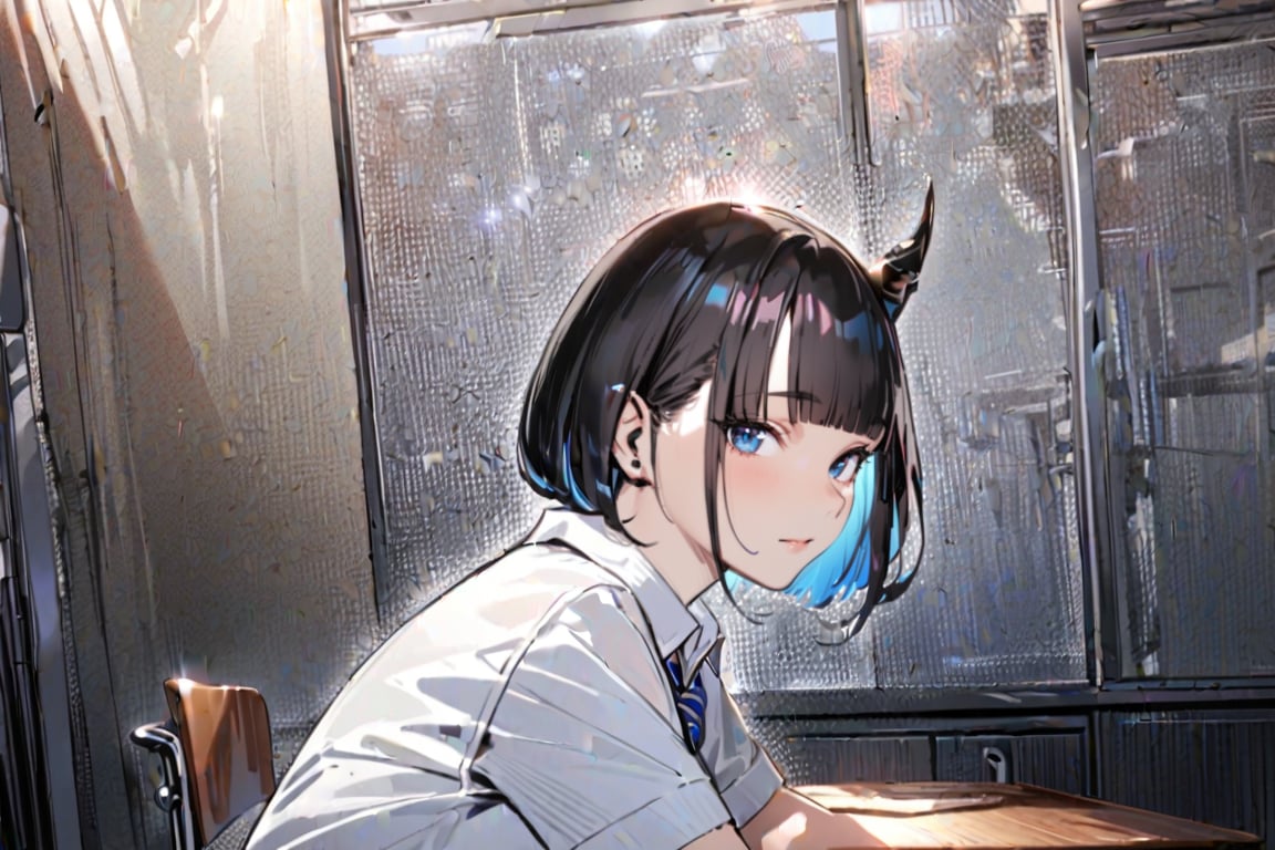 (Masterpiece), best quality, high resolution, highly detailed, detailed background, perfect lighting, 1girl, blue_eyes , classroom, bangs, short hair, two-tone hair, black hair, blue colored inner hair, school_uniform, full body, upper body, forehead, thin, ZKTR, one black horn, 